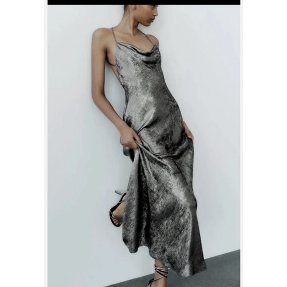 Zara Silver Metallic Satin Cowl Neck Slip Dress Medium - Picture 2 of 11